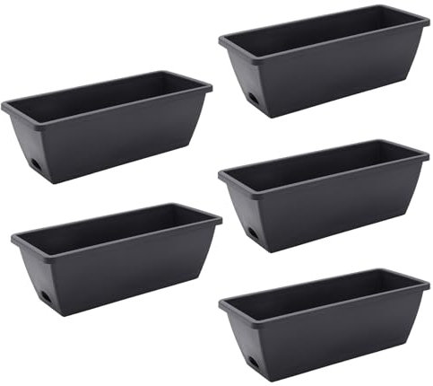 The Fellie 5 PCS Large Garden Planter Plastic Trough With Drainage Holes & Tray, Outdoor Rectangle Long Planter For Windowsill & Balcony, Vegetable Plant Pot For Succulent & Herbs, Grey 42.5*17*15CM