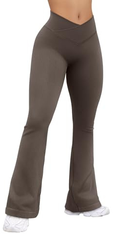 OQQ Damen Yoga Leggings Schlaghose Cross Waist Hohe Taille Flared Elastische Sport Leggings für Damen Teeblatt