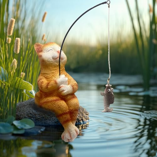 Cat Fishing Statue Garden Decor – 9.8 Weatherproof Resin Cat Fishing Sculpture Decor for Fish Ponds, Koi Ponds, Waterfalls, Poolside & Outdoor Gardens– Resin Figurine for Indoor & Outdoor Décor