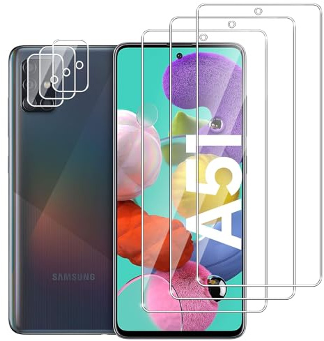 Dlxiks Panzer Schutz Glas für Samsung Galaxy A51, 3 Stück Schutzfolie Mit 3 Stück Kameraschutz, 9H Härte, Anti-Kratzen, 9H Härte, HD Klar Displayschutzfolie für Samsung Galaxy A51