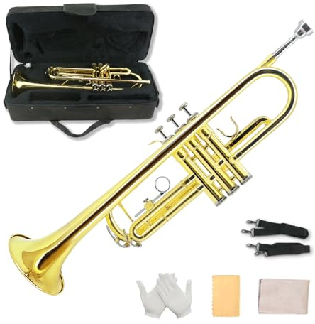 Yinfente Bb Trumpet Standard For Adults,Beginner Kit With Case Silver plated 7C Trumpet mouthpiece Cleaning Kit White Gloves Brass instruments (Golden)