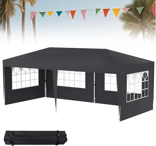 XMTECH Fällbar paviljong 3 x 6 trädgårdspaviljong vikbar paviljong med 4 sidodelar, justerbar höjd 2,4 m – 2,6 m festtält, trädgårdstält för utomhus, trädgård, bröllop, stabil, UV-skydd, vattentät