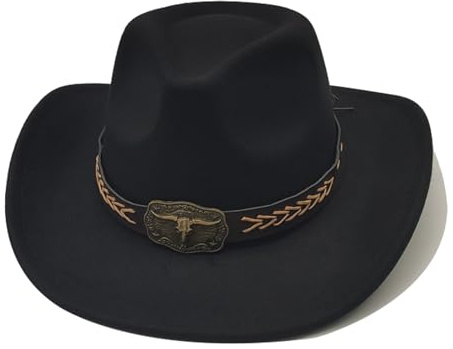 Willheoy Cowboy Hut Herren Damen Westernhut Kostüm Cowgirl Hut Unisex Cowboyhüte Schwarz Breiter Krempe mit Lederband für Erwachsene