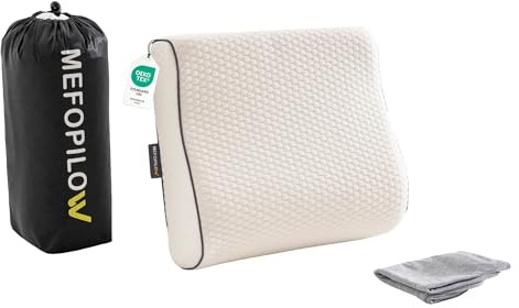 MEFOPILO Memory Schaumstoff Reisekissen zum Schlafen, Campingkissen, Nacken-Stützkissen für Flugzeug, Auto-Reisen, tragbare Tasche (Weiß – mit extra grauem Baumwollbezug, 35X30X10/8 cm)