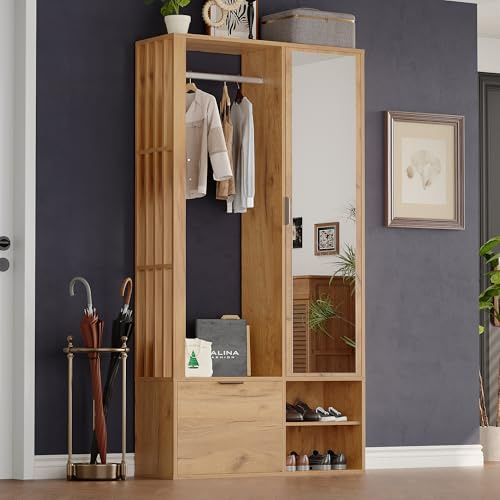 Merax Garderobe Set mit Spiegel, Modern Flurgarderoben Set mit Kleiderstange, Schuhschrank, 5 Staufächer, Stylishe Kompaktgarderobe für Flur Eingangsbereich, Eingangsschrank, Flurmöbel, Holzfarbe