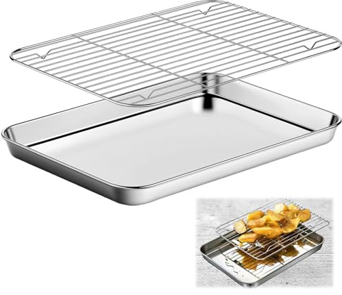 Baking Sheet with Wire Rack,26 X 20.5 X 2.5cm Stainless Steel Cookie Sheet Pan Set,Baking Tray with Cooling Rack, Easy to Clean,Non Stick Baking Pans with Cooling Rack for Roasting & Cooking