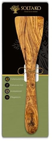 SOLTAKO Pfannenwender Holz 30 cm aus Olivenholz handgefertigt aus Tunesien Pfannenwender Olivenholz antibakteriell hitzebeständig für beschichtete Pfannen und Wok