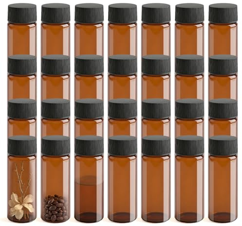 PWGHWG 28 Stück Reagenzgläser mit Deckel, 30ml Reagenzglas mit Deckel, Flachboden Kleine Glasflaschen, Braun Glas Fläschchen für Süßigkeiten Badesalz Perlen Laborröhrchen, 27,4x78mm