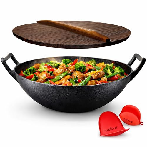 Nutrichef Pre-Seasoned Cast Iron Pan-5.5L Heavy Duty Non-Stick Chinese Wok or Stir Fry Skillet w/Wooden Lid, for Electric Stove Top, Induction, Large, Black