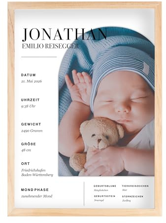 Mountiki® Bild zur Geburt personalisiert mit Foto A4 | Modernes Geschenk mit Baby Daten Uhrzeit Erinnerung | personalisiertes Geburtsbild Junge mädchen
