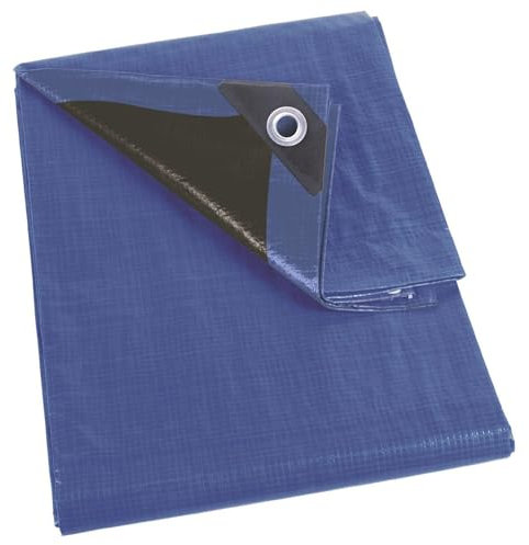 Perel Abdeckplane wasserdicht, Gewebeplane, Plane wasserdicht, Schutzplane, sehr stark, 26 Ösen, verstärkte Ecken, rechteckig, blau/schwarz, 140 g/m², 5 x 8 m