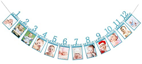 Oblique Unique® Baby Girlande 12 Monate 1. Lebensjahr Monatsgirlande für Jungen Babyshower Schwangerschaft Kinder Geburtstag in Blau mit edlem Glitzereffekt