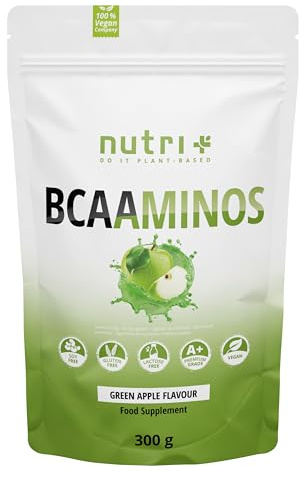 Nutri + BCAA Poudre Pomme Verte 300g - Complexe d'Acides Aminés hautement dosé - BCAA Instant Powder Vegan - BCAAminos Supplement - Green Apple Flavor - Préparation d'Acides Aminés