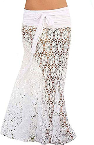 JFAN Copricostume Donna Mare Abito di Pizzo Halterneck Gonna a Ragazza Bikini Cover Up Pareo 2 Modi di Indossare,Taglia Unica Bianco