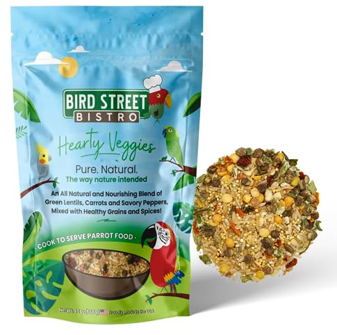 Bird Street Bistro Parrot Food for Parakeets & Cockatiels - Hearty Veggies - 20 oz - Cooks in 3-15 min, Natural Grains, Fruits & Vegetables - USA Made