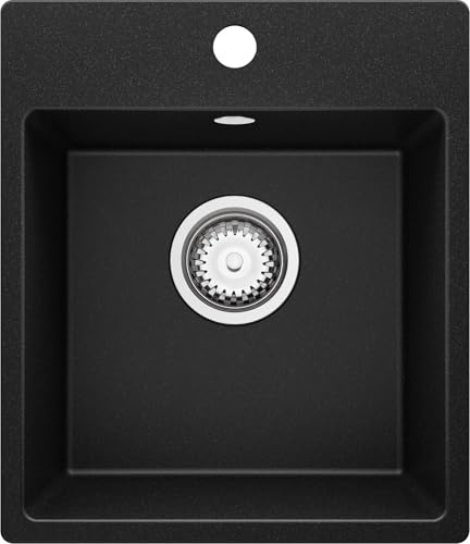 PRIMAGRAN Evier Cuisine en Granit Noir 38x44cm, Lavabo 1 bac + Kit de Vidage, Évier à Encastrer au Meuble 40cm - Riga S001