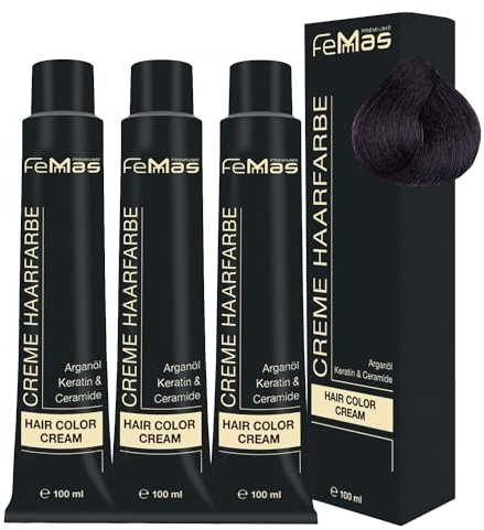 FemMas Haarfarbe 3x Tief Violett 2.2 I Creme Haarfarbe mit Arganöl, Keratin & Ceramiden I Als dauerhafte Haarfärbung oder Tönung für strahlende, haltbare Farbergebnisse I 100 ml