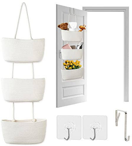 Autumnlife Hängeorganizer, Hängeaufbewahrung für die Tür, Hängeregal Wand Hängen Tasche aus Baumwollseil gewebt mit 3 Taschen für Schlafzimmer, Kinderzimmer, Weiß