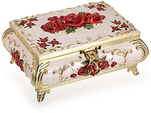 SUMNACON Petite boîte à bijoux vintage en métal avec motif floral rouge, boîte de rangement rétro pour bagues, boucles d'oreilles, colliers, beige (taille L)