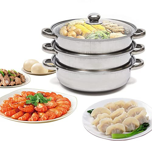 Vaporera de 3 niveles de acero inoxidable, 24 cm, con tapa de cristal, acero inoxidable, ideal para pequeñas porciones o hogares