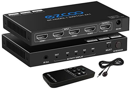 Interruttore HDMI 8K 4x1 HDMI 2.1 Switcher 8K@60Hz 4K@120Hz CEC ARC HDCP2.2 48Gbps 4 In 1 out HDR D-olby Vision Atmos IR Remote Support Tutte le risoluzioni SW41H21