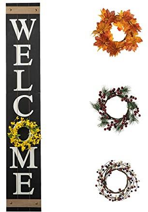 Glitzhome Welcome Sign for Front Door Porch, Farmhouse Wooden Hanging Wall Sign with 4 Interchangeable Floral Wreaths for Seasons Spring Summer Fall Harvest Thanksgiving Christmas, 60”H, Black