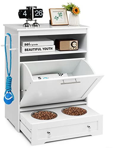 GOPLUS Meuble de Rangement pour Animaux de Compagnie avec 2 Gamelles en Acier Inoxydable, Armoire d’Alimentation avec Grand Espace et Dispositif Antidumping, Meuble pour Chat ou Petit Chien