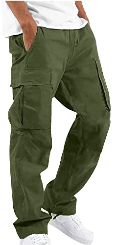 YAOHUOLE Men's Solid Colors Cargo Pants Regular Fit Casual Yoga Pants Straight Legs Trousers Army Green L