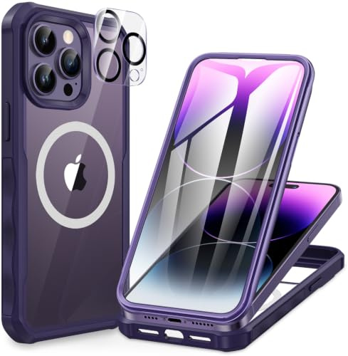 CENHUFO Magnetica Cover iPhone 14 Pro Max, [Compatibile con Magsafe] Integrata 9H HD Vetro Temperato Schermo e Protezione Fotocamera, Custodia Antiurto 360 Gradi Doppia Faccia Case - Viola scuro