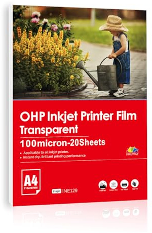 Inkuway Feuille Transparente Imprimable A4 OHP 20 Feuilles Films Transparents pour Rétroprojecteur, Impression Jet d'Encre