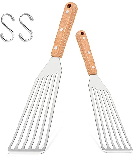 HaWare Pfannenwender mit Schlitzen, Edelstahl, Fischspatel mit massivem Holzgriff, flexibler Pfannenwender aus Metall zum Kochen/Braten/Grillen, inklusive S-Haken, spülmaschinenfest (2 Stück, 27 cm
