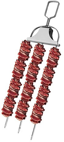 1PC Stainless Steel 3-Prong Skewer, 14 Inch BBQ Skewers for Grilling, Grill Kabob Skewer with Smooth Push Bar Slider 3 Prong Flat Barbecue Skewer BBQ Accessories for Meat Vegetables