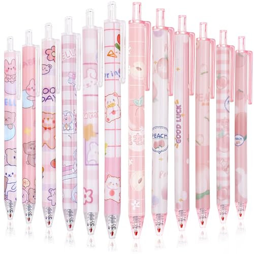 SHAIDOJIO 12 Stück Gelschreiber Niedlich, Cartoon Gel Pen, Einziehbarer 0.5mm Kawaii Gel Stift, Schnell Trocknende Gelschreiber Schwarz für Büro Schule Zuhause