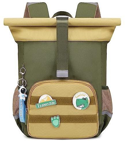 Rucksack Kinder Jungen Rolltop Kinderrucksack - Kleiner Kindergarten Rucksäck 12-16Liter Schulranzen Wasserfester Kindergartenrucksac mit Brustgurt Wanderrucksack Kindertasche für 3-8 Jährige - Grün