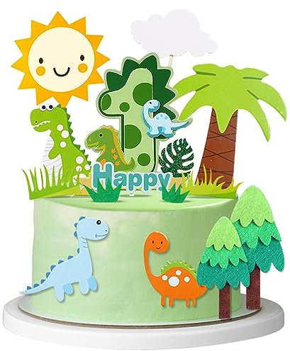Guoguonb 1st Happy Birthday Dinosaur Cake Decoration 1 Year Green Jungle Cake Decoration Theme Dinosaur Cake Topper for Kids Party Birthday Decoration Cupcake Baking Cake Toppers