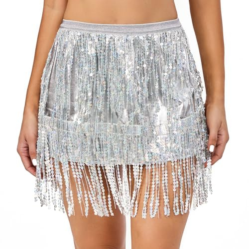 PLIKSUVER Gonna da donna con paillettes e nappe glitterate, per danza del ventre, per Carnevale, con frange, argento, M