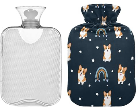 ZZXXB Corgi Dog Rainbow Wärmflasche mit Fleece-Bezug, PVC-Wärmbeutel, 1 Liter