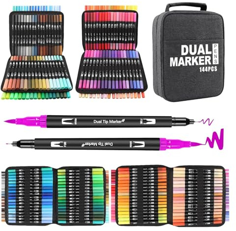 Funnasting Pennarelli Brush Pen Lettering, 144 Colori Pennarelli Doppia Punta Fine e Grossa Pennello per Adulti Bambini Acquerello Set per Colorare, Bullet Journal, Mandala