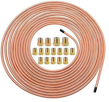 JNNJ Tubo Freno Auto 7.62 m 3/16, Tubi Rivestiti in Rame con 16 Raccordi per Dadi, 3/16OD Accessori Kit Tubo Linea Freno Nichel Rame, Tubo di Rame a Spirale Morbida per Condizionatore D'aria