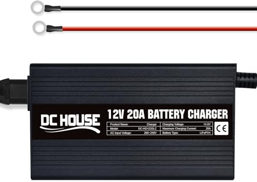 DCHOUSE Cargador automático Inteligente de Iones de Litio LiFePO4 de 20A, 12V, Adecuado para baterías Marinas, Motocicletas, baterías de Litio y Profundas