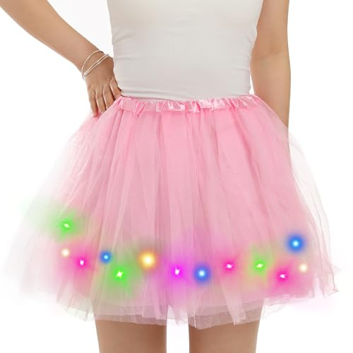 DGSHIRLDJO Tüllrock Damen,Tütü Rock Mit LED Lichter 4 Lagig Petticoat Tütü Adult Halloween Karneval Party Kostüm Tanzrock (DE/NL/SE/PL, Alphanumerisch, Einheitsgröße, Regular, Regular, Rosa)