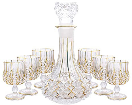 sjdoPulse Crystal Glass Wine Red + Cups 7Pcs Home Whiskey Brandy Glass Cup Golden Rim Beer Bottle Home Bar Hotel Party