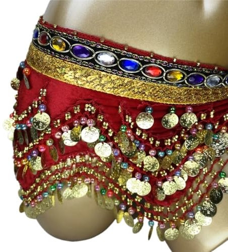 UGLYAF Bauchtanz-Hüfttuch mit Münzen und Pailletten, Kette, Tanz-Hüfttuch, Kette, Bauchtanz-Kostüm, Gürtel for Damen, Rock, Tänzerin(Red Gold)