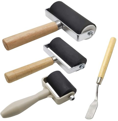 4 Pack Rubber Roller - Brayer Rollers with 3 Size for Crafting Brayer Rollers for Printmaking Brayer Tool Paint Brush Ink Applicator Art Craft Oil Painting Tool 1.4 in,2.4 in,4 in + 1 Scraper HRJZF