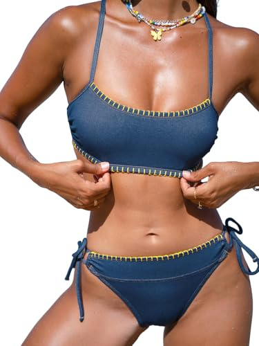 CUPSHE Bikini set för kvinnor U urringning virkad kant bandeau bikini låg midja sidosnörning badmode tvådelad baddräkt baddräkt, Jeansblå, M