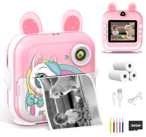 Macchina Fotografica Bambini Istantanea, 2,4 Pollici 1080P Digitale Fotocamera Bambini con Carta Fotografica Stampa e 32GB Schedaper Giocattolo Regalo di Natale Bambino e Bambina 4-12 Anni