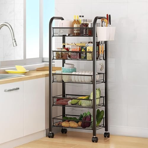 sexaoalx Fruit Vegetable Basket, 5 Tier Stackable Fruit Vegetable Stand with Rolling Wheels, Vegetable Storage Rack for Kitchen, Pantry, Garage Black 5-Layers