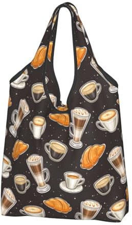 Buewutiry Grand sac fourre-tout pour femme – Sacs d'épicerie légers et réutilisables avec poignées – Imprimé pain et café – Sacs de courses en tissu pour le travail, la plage, les voyages – Noir