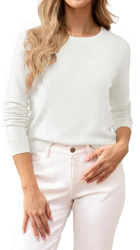 BAMBOO ISLAND Women's Crewneck Sweater 100% Cotton Long Sleeve Lightweight Knit Pullover Tops Off White Large