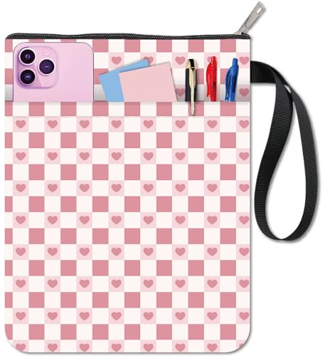 CRASPIRE Tartan Bokfodral Hjärtformad Bokärmskydd Rosa Skydd för Pocketböcker Tvättbar Tygduk med Dragkedja och Extra Ärmficka för Älskare Skolkamratspresenter